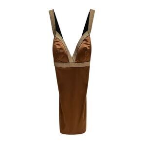 Entry Brown Satin Bodycon Mini Dress Gold Metallic Trim Size M